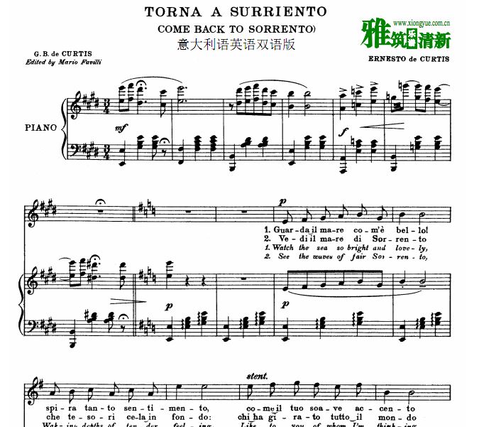 Ernesto de Curtis 重归苏莲托torna a surriento正谱 声乐谱 钢伴谱