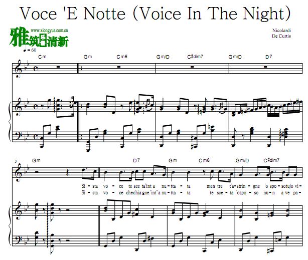库尔蒂斯 Voce 'E Notte声乐谱钢琴伴奏谱 Voice In The Night深夜歌声钢伴声乐谱