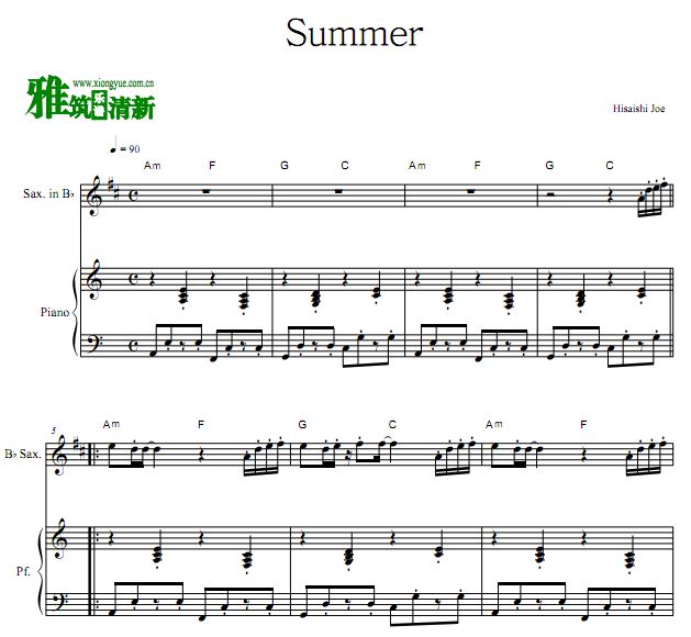 Hisaishi Joe久石让 Summer次中音萨克斯钢琴伴奏谱