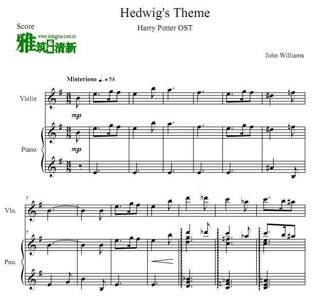 Hedwig's Theme海德薇主题曲小提琴钢琴合奏谱