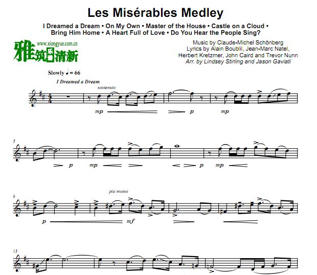 Lindsey Stirling Les Misérables Medley悲惨世界串烧小提琴谱