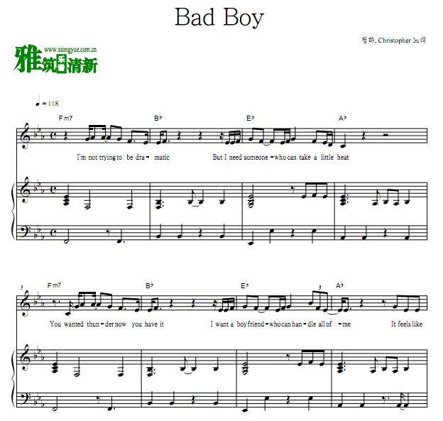 Christopher,金请夏- Bad Boy歌谱 钢琴弹唱伴奏谱 正谱