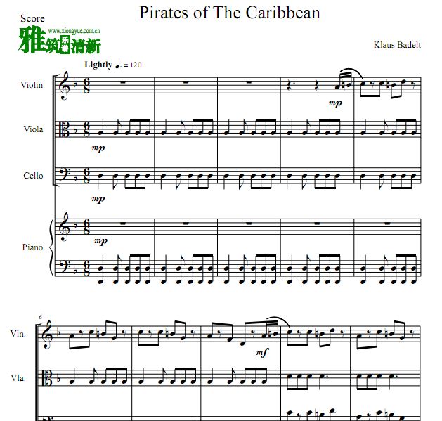 pirates of the caribbean 加勒比海盗弦乐钢琴四重奏