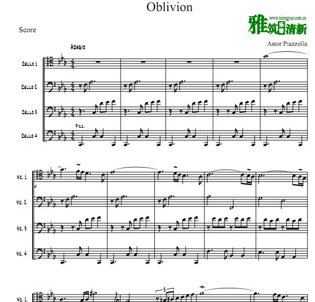皮亚佐拉 遗忘Oblivion大提琴四重奏谱