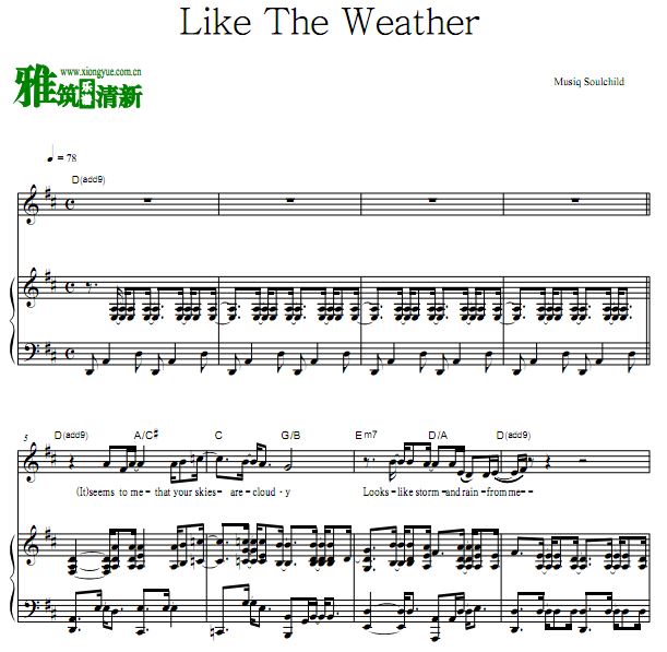 Musiq Soulchild - Like The Weather歌谱 钢琴谱 正谱