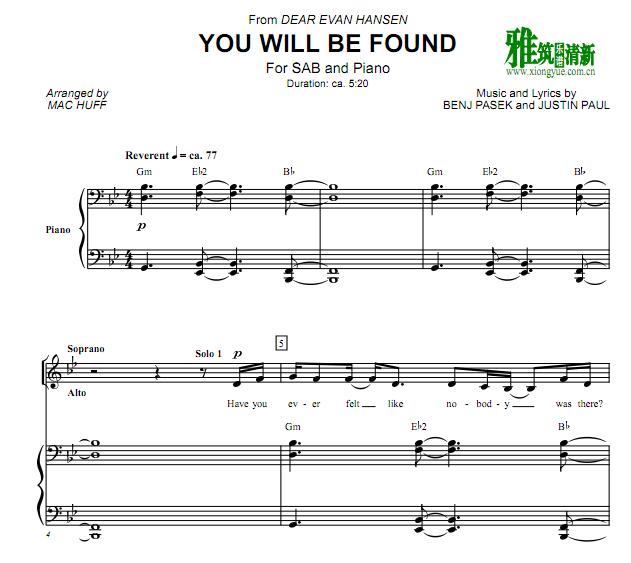 You Will Be Found 三声部合唱钢琴伴奏谱