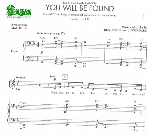 You Will Be Found  四声部SATB合唱钢琴伴奏谱