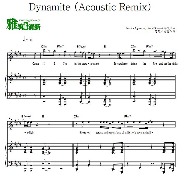 BTS - Dynamite (Acoustic Remix)钢琴伴奏谱 歌谱 正谱