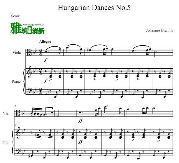 勃拉姆斯 匈牙利舞曲第五号中提琴钢琴谱