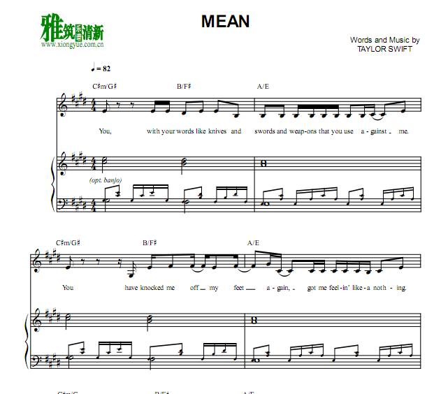 TAYLOR SWIFT - Mean 钢琴伴奏谱