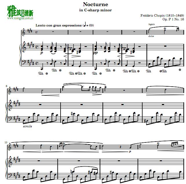 肖邦 升c小调夜曲长笛钢琴伴奏谱 Chopin Nocturne
