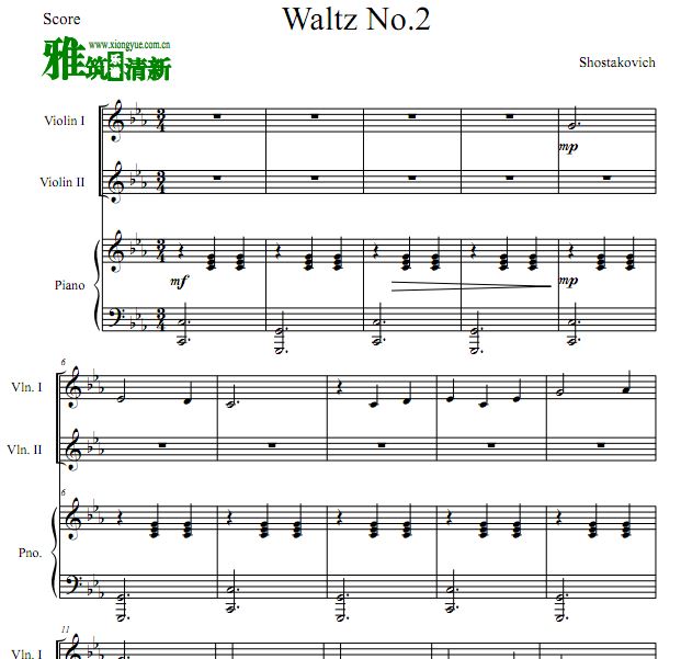 肖斯塔科维奇 第二圆舞曲 waltz No.2双小提琴钢琴三重奏谱