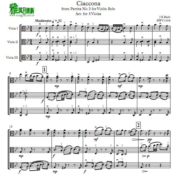巴赫 恰空舞曲 Chaconne BWV1004 中提琴三重奏谱