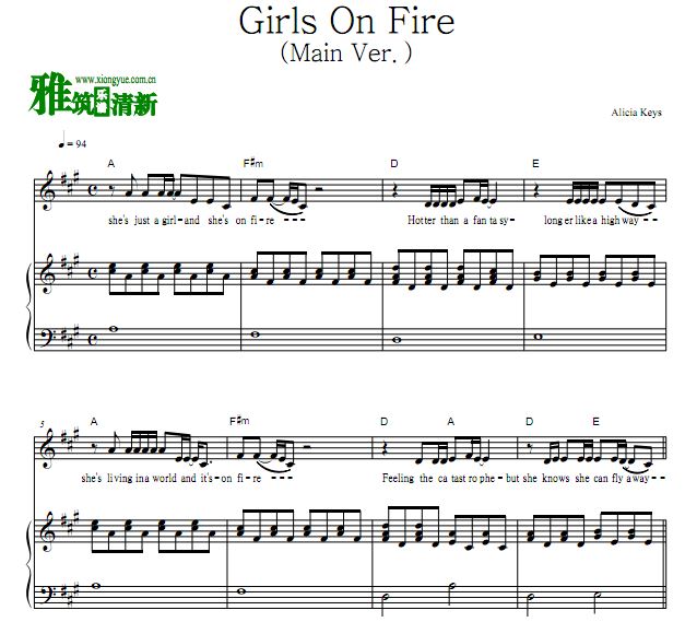 Alicia Keys - Girls On Fire正谱 歌谱 钢琴谱