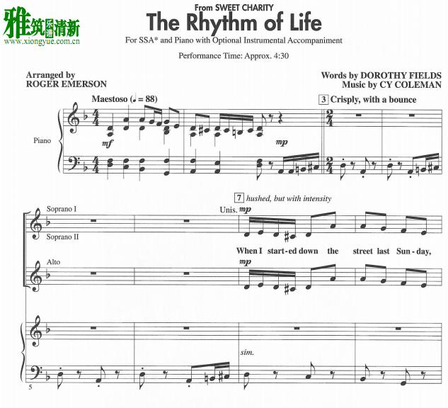 生命的旋律 Sweet Charity - the Rhythm of Life 三声部合唱钢琴伴奏谱