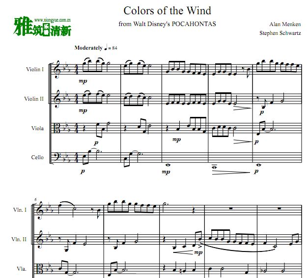 Colors of the Wind 风中奇缘弦乐四重奏谱