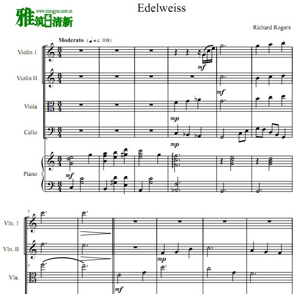 Edelweiss 雪绒花弦乐钢琴五重奏谱