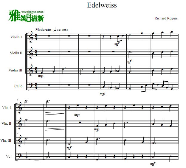 雪绒花 Edelweiss三小提琴大提琴四重奏谱