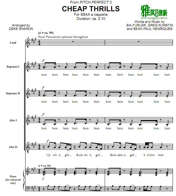 pitch perfect完美音调3 - Cheap thrills 阿卡贝拉谱