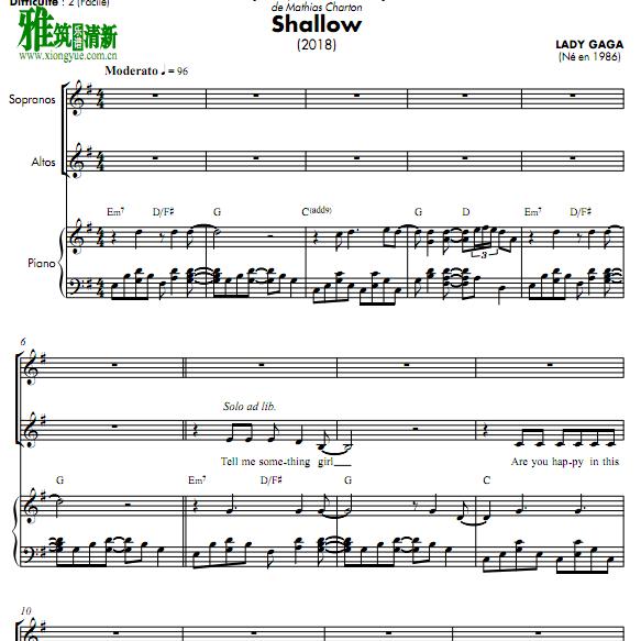 lady gaga - Shallow 2声部钢琴伴奏谱