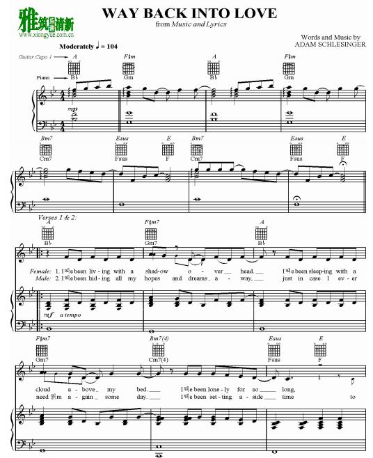 k歌情人 Music and Lyrics - way back into love钢琴谱
