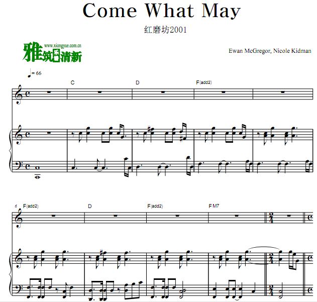 红磨坊 Come What May正谱 歌谱 钢琴弹唱谱