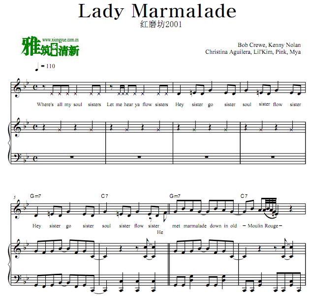 红磨坊 Lady Marmalade声乐歌谱 弹唱钢琴谱