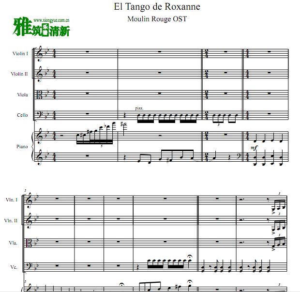 红磨坊罗珊的午后探戈 El Tango de Roxanne 小提琴大提琴钢琴合奏谱