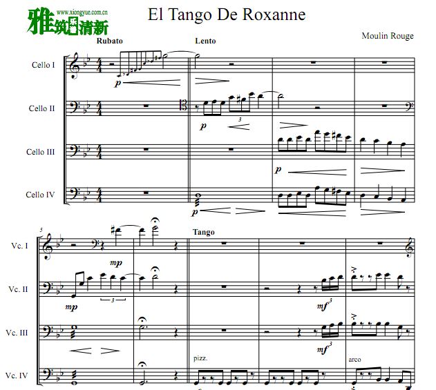  El Tango de Roxanne 罗克珊娜的探戈大提琴四重奏谱
