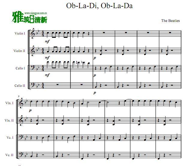 Ob-La-Di, Ob-La-Da 二小提琴二大提琴合奏谱