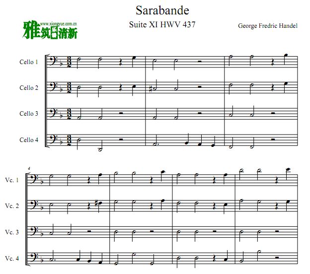 亨德尔 萨拉班德 Sarabande大提琴四重奏谱