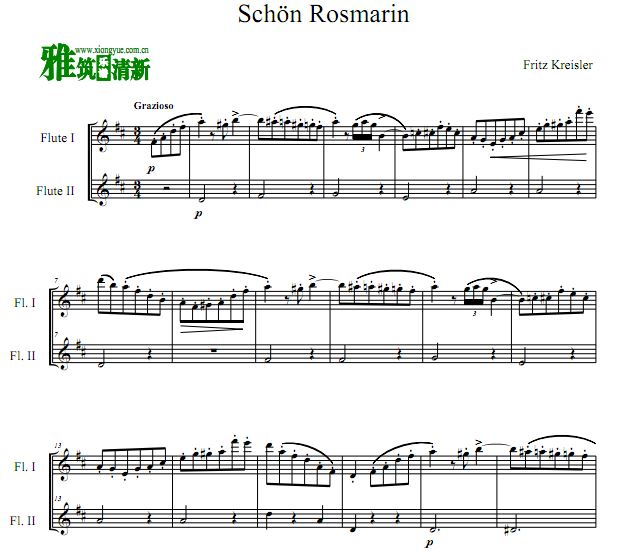 克莱斯勒 Schon Rosmarin 长笛二重奏谱