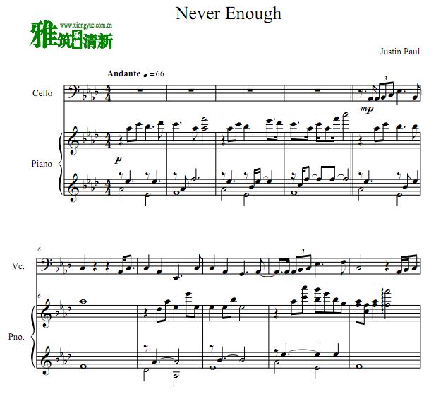 马戏之王 never enough 大提琴钢琴合奏谱