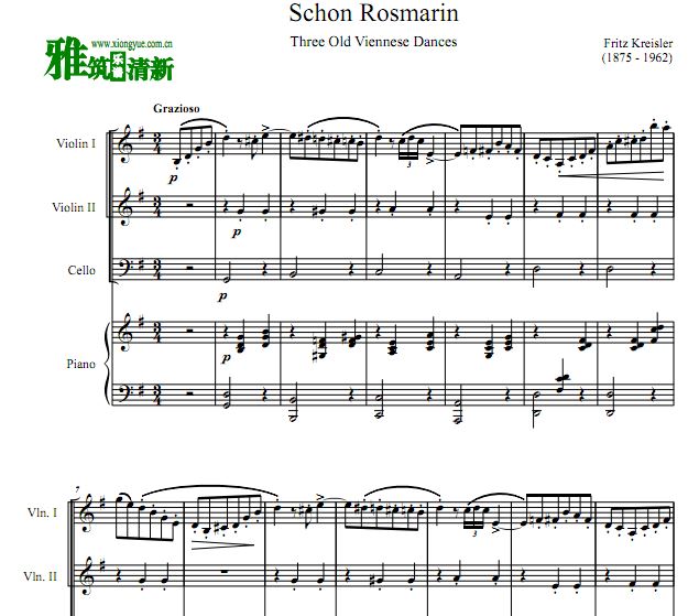 克莱斯勒 美丽的罗斯玛琳 Schon Rosmarin钢琴四重奏谱