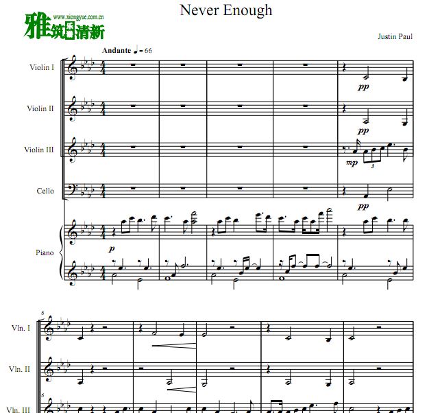马戏之王 Never enough 小提琴大提琴钢琴五重奏谱