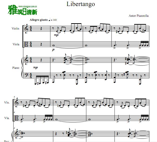 皮亚佐拉 Libertango小提琴中提琴钢琴三重奏谱