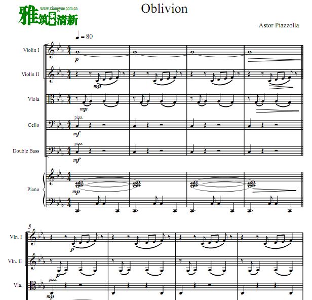 Oblivion 皮亚佐拉 遗忘弦乐钢琴六重奏谱