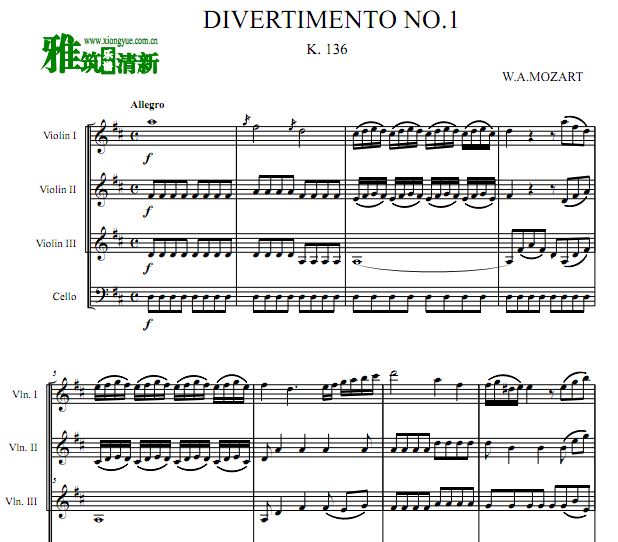 莫扎特 D大调嬉游曲小提琴大提琴四重奏谱 K.136