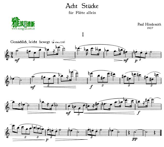 Hindemith 8 Stucke fur Flote allein长笛谱