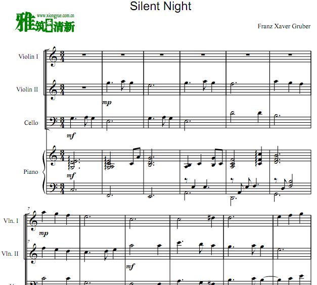 Silent Night 平安夜 二小提一大提钢琴重奏谱