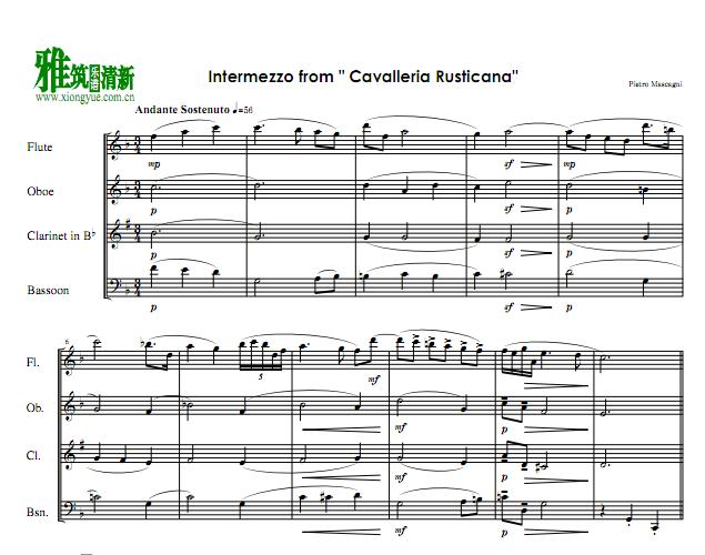 乡村骑士 间奏曲 木管四重奏谱 Cavalleria Rusticana Intermezzo