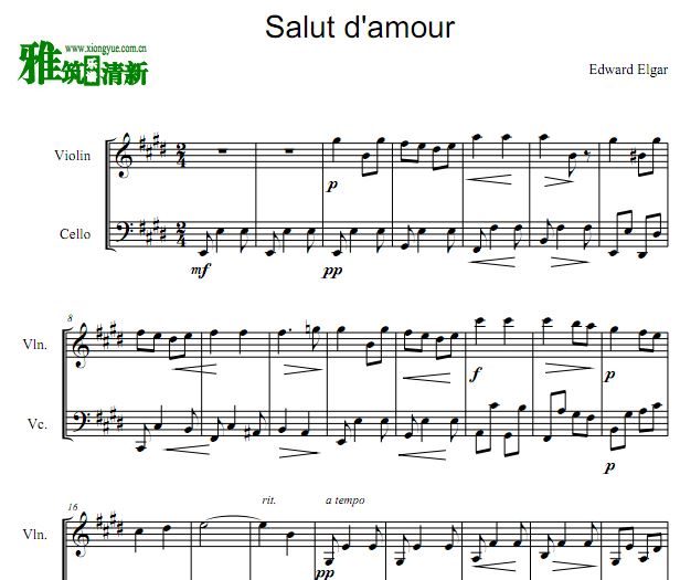 爱的礼赞 Salut d'amour小提琴大提琴二重奏谱