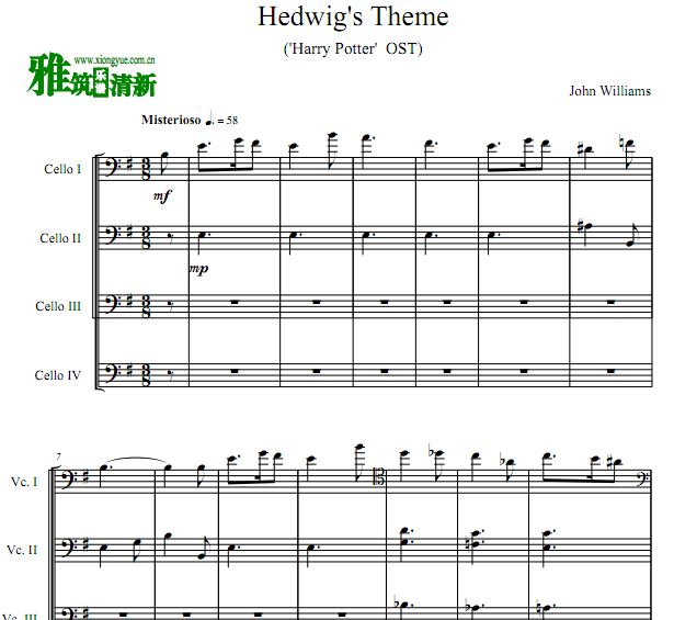 海德薇主题曲Hedwig's Theme大提琴四重奏谱