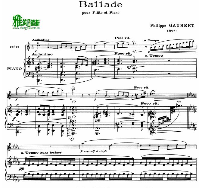 Philippe Gaubert - Ballade 长笛钢琴伴奏谱