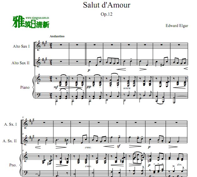 Salut d'amour 爱的礼赞萨克斯二重奏谱 钢琴伴奏谱