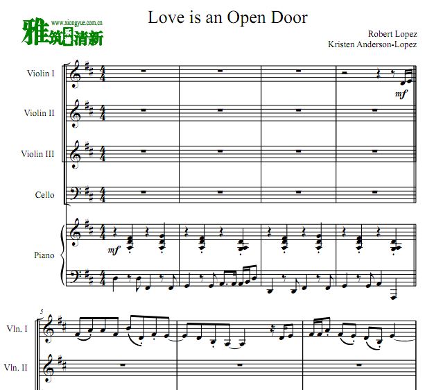 冰雪奇缘 Love Is an Open Door小提大提钢琴五重奏谱