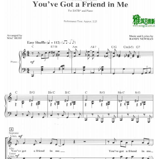 You've Got A Friend In Me 4声部合唱钢琴伴奏谱
