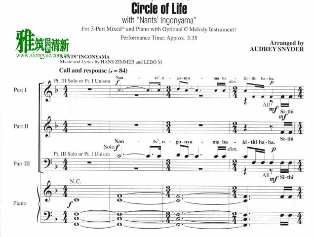 狮子王Circle Of Life三声部合唱钢琴伴奏谱