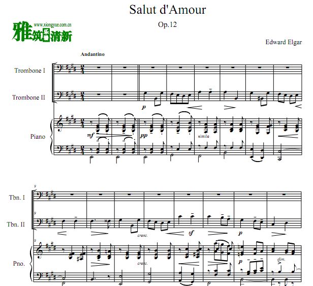 爱的致意长号钢琴三重奏谱 Salut d'amour长号钢琴三重奏谱