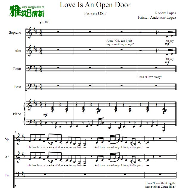 Love Is an Open Door合唱谱 钢伴谱